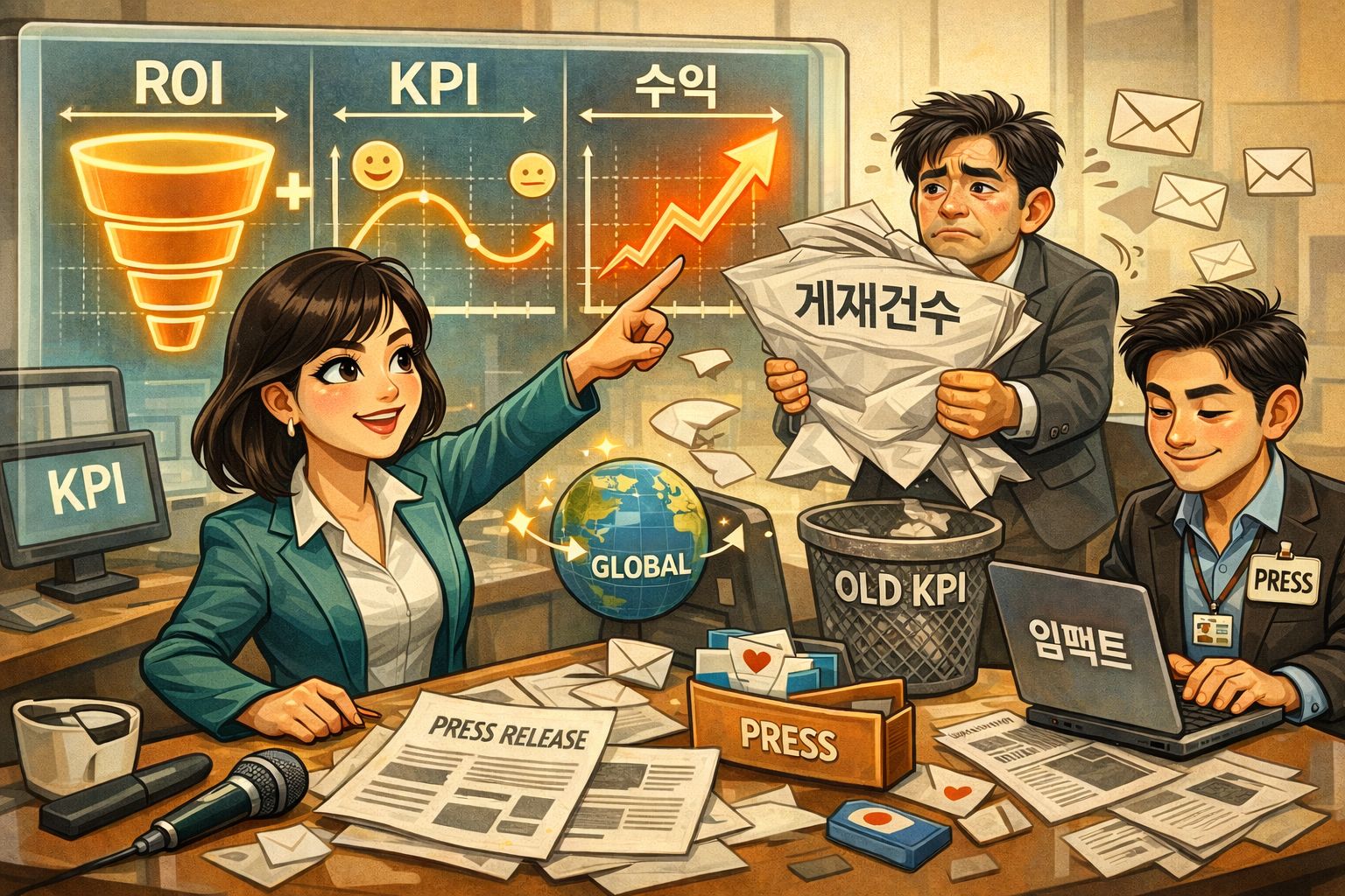 홍보팀 3명이 ROI , KPI, 수익을 논의하는 장면